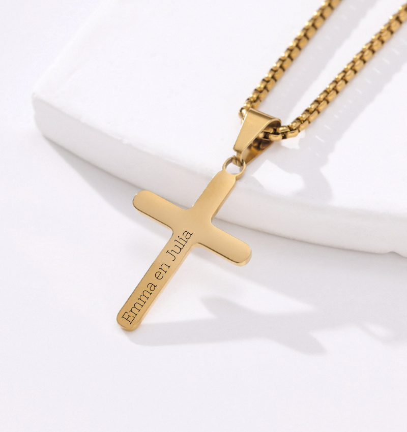 KAYA sieraden Stalen herenketting Kruis met Gravure | Goud