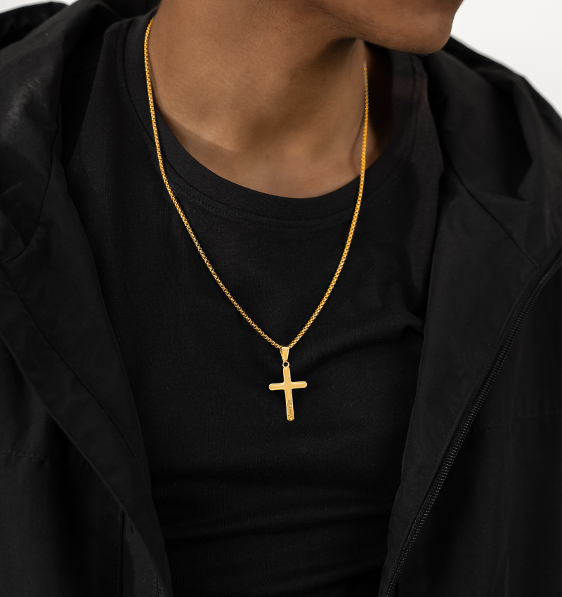 Stalen herenketting Kruis met Gravure | Goud