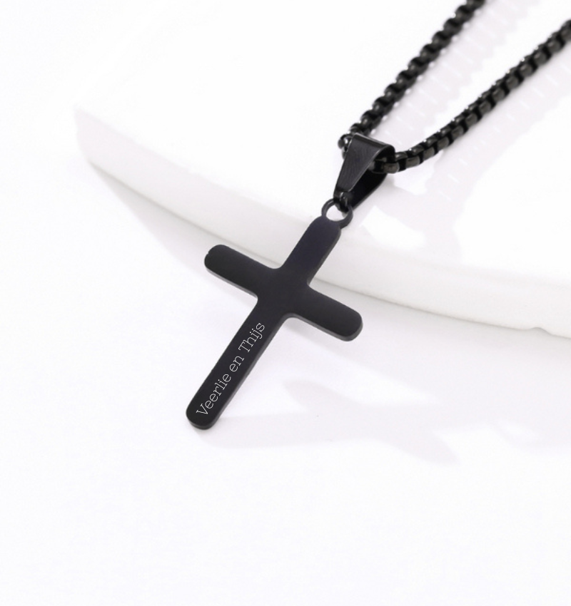 Stalen herenketting Kruis met Gravure | Zwart