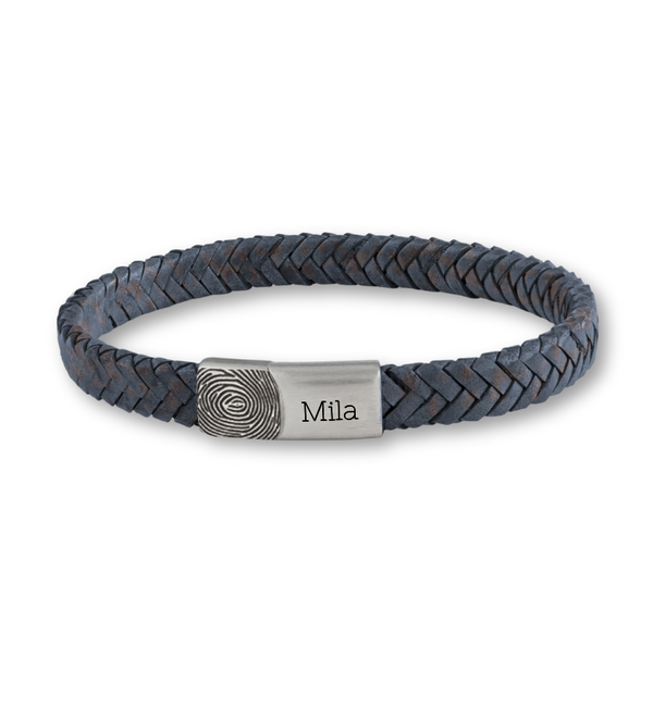 Gevlochten Armband Leer Heren met Vingerafdruk en Naam | Blauw