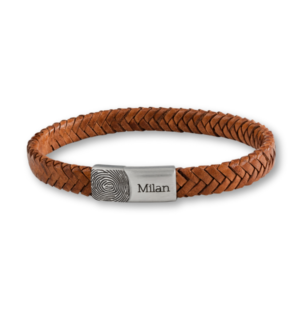 Gevlochten Armband Leer Heren met Vingerafdruk en Naam | Camel