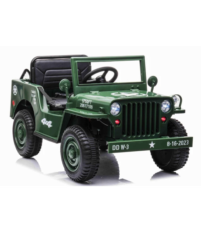 Jeep Army, Willy's Jeep Voiture électrique pour enfants 12 volts avec 4 roues motrices, pneus en caoutchouc et siège en cuir artificiel !