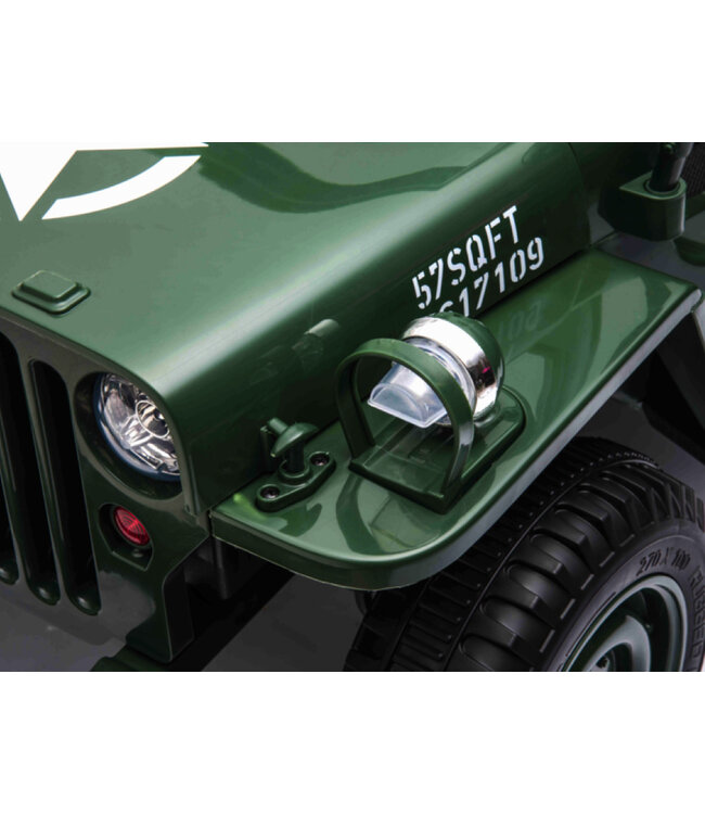Jeep Army, Willy's Jeep 12 volt elektrische kinderauto met 4wd, rubberen banden en kunstleder zitje!