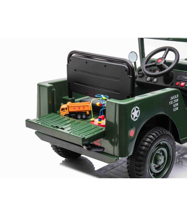 Jeep Army, Willy's Jeep 12 volt elektrische kinderauto met 4wd, rubberen banden en kunstleder zitje!