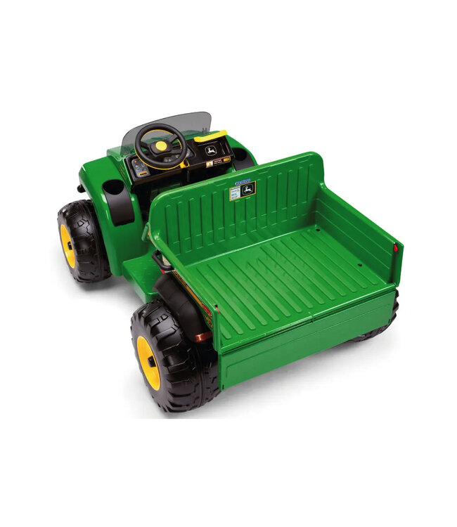 John Deere 12-Volt electric children's tractor with working excavator arm and tipping bucket.