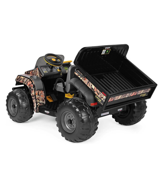 John Deere 12-Volt elektrischer Kindertraktor mit funktionierendem Baggerarm und Kippmulde.