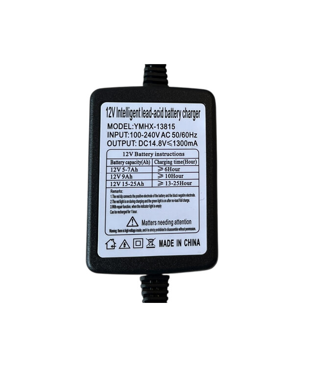 12 volt 1300mA oplader met klemmen voor loodaccu's.
