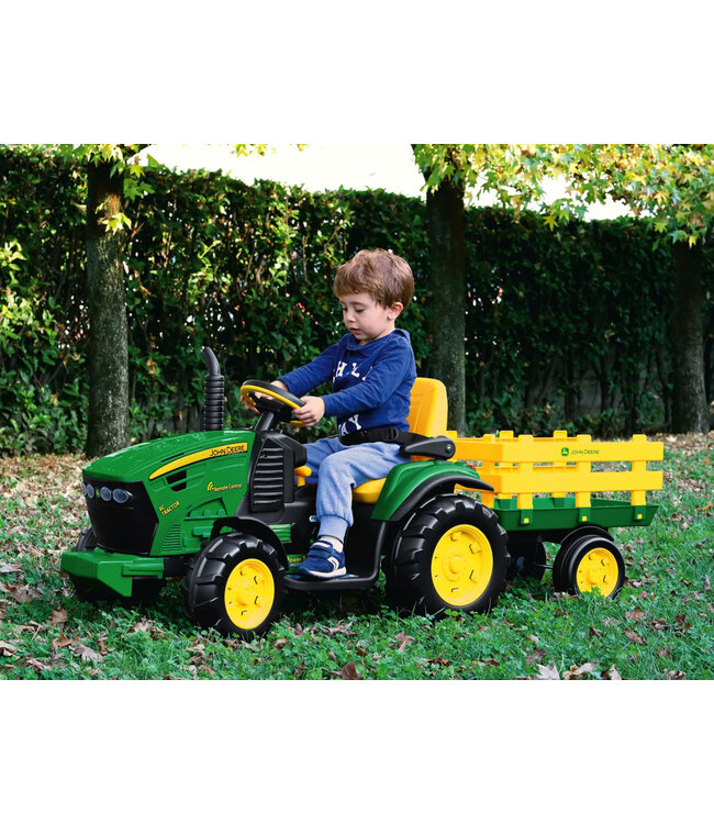John Deere kinder tractor + aanhanger, 2 x 12 volt motoren