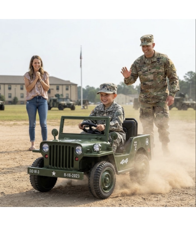 Jeep Army, Willy's Jeep Voiture électrique pour enfants 12 volts avec 4 roues motrices, pneus en caoutchouc et siège en cuir artificiel !