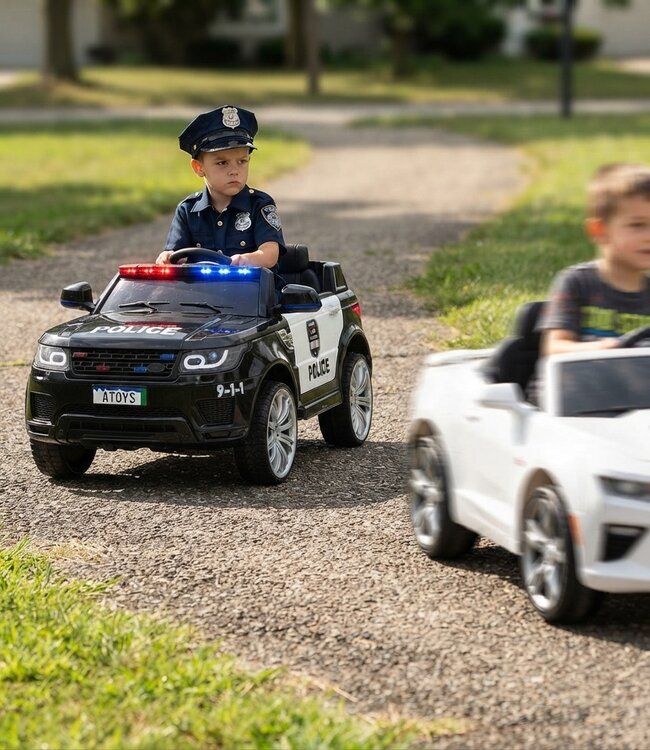 Politieauto, 12v elektrische kinderauto met rubberen banden, leder zitje en meer