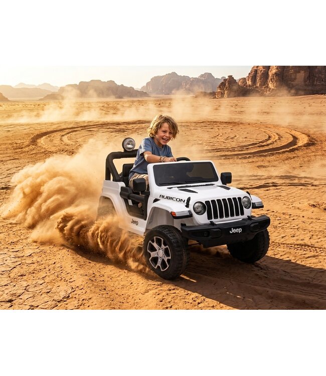 Jeep Wrangler Rubicon, 12V ride-on car with lithium battery, rubber tires and leatherette seat