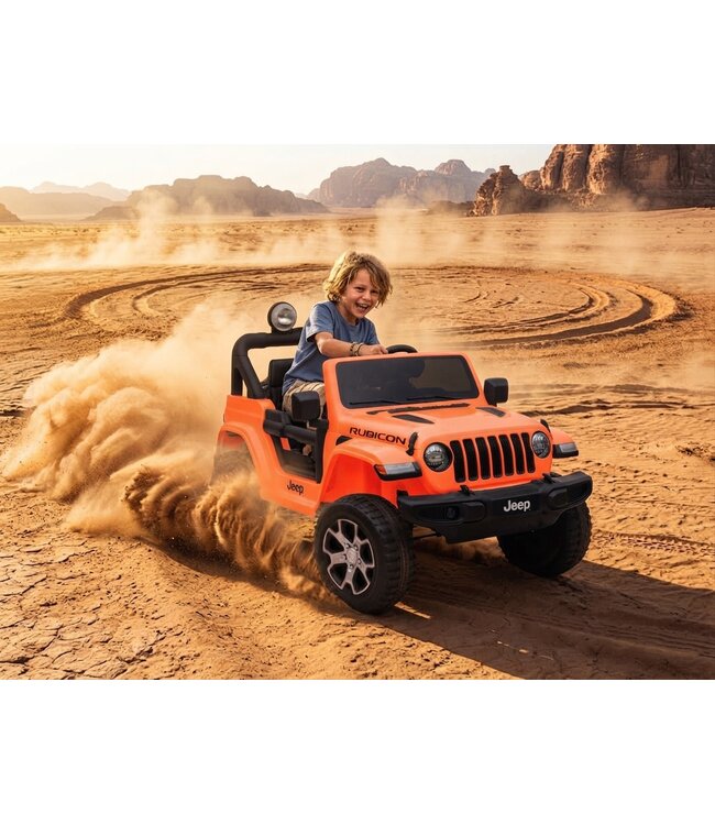 Jeep Wrangler Rubicon, 12V ride-on car with lithium battery, rubber tires and leatherette seat