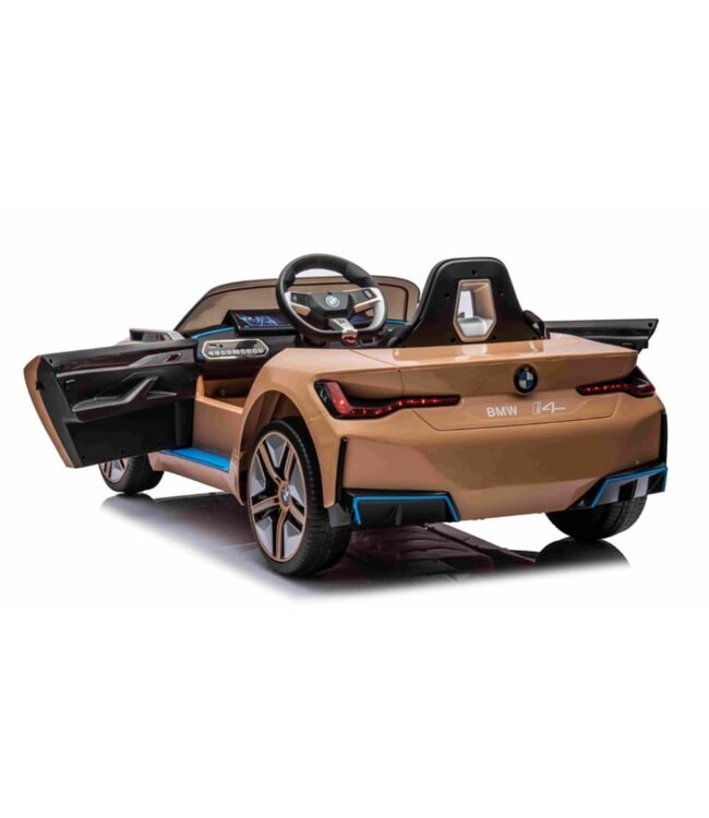 BMW i4 Performance, electric ride-on car, 12V, gold, leather-look seat, RC