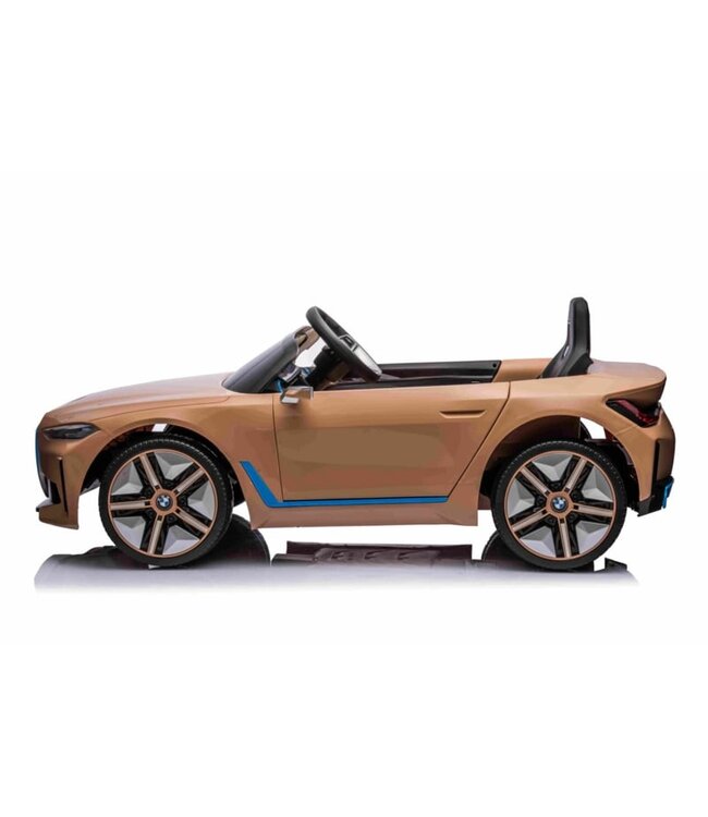 BMW i4 Performance, Elektro-Kinderauto, 12V, gold, Leder-Look, 2,4 GHz RC