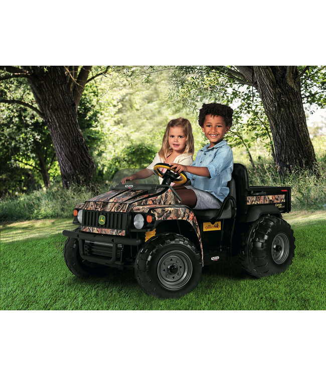 Tracteur électrique pour enfants John Deere 12 volts avec bras de pelle fonctionnel et benne basculante.