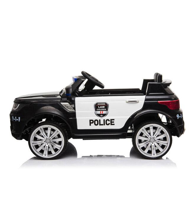 Politieauto, 12v elektrische kinderauto met rubberen banden, leder zitje en meer