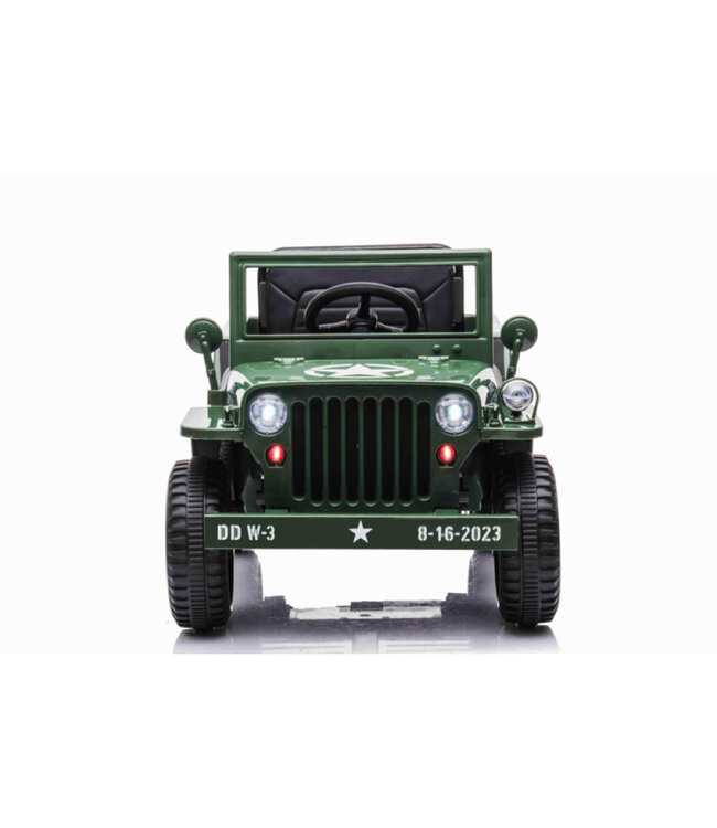Jeep Army, Willy's Jeep 12 volt elektrische kinderauto met 4wd, rubberen banden en kunstleder zitje!
