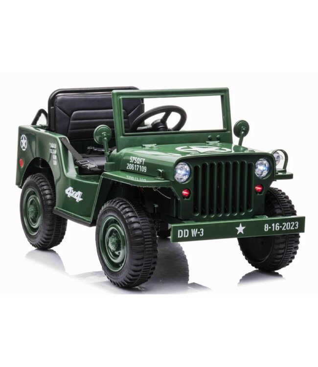 Jeep Army, Willy's Jeep Voiture √©lectrique pour enfants 12 volts avec 4 roues motrices, pneus en caoutchouc et si√®ge en cuir artificiel !