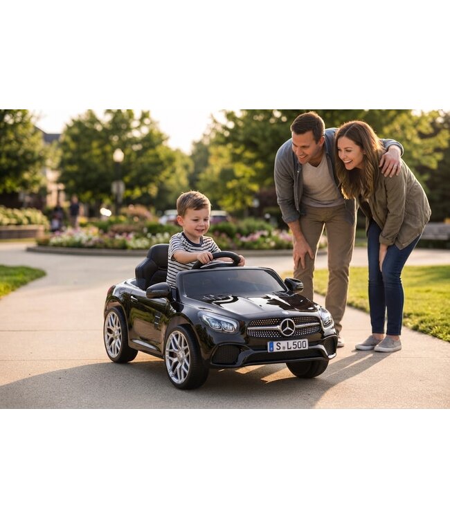 Mercedes SL500, voiture électrique pour enfants 12 volts avec une batterie au lithium, des pneus en caoutchouc, un siège en similicuir et bien plus encore !
