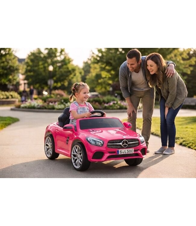Mercedes SL500, voiture électrique pour enfants 12 volts avec une batterie au lithium, des pneus en caoutchouc, un siège en similicuir et bien plus encore !