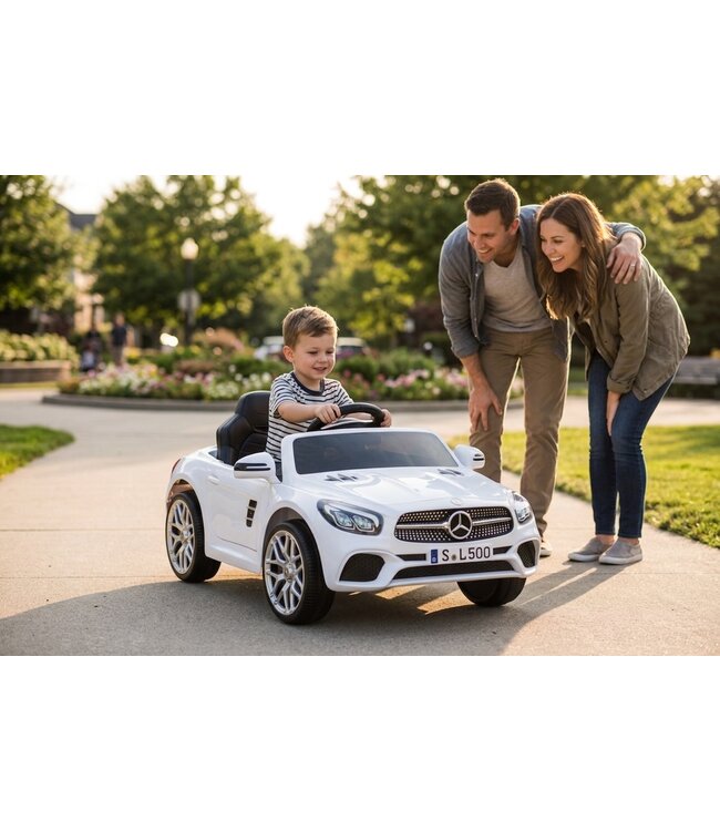 Mercedes SL500, voiture électrique pour enfants 12 volts avec une batterie au lithium, des pneus en caoutchouc, un siège en similicuir et bien plus encore !