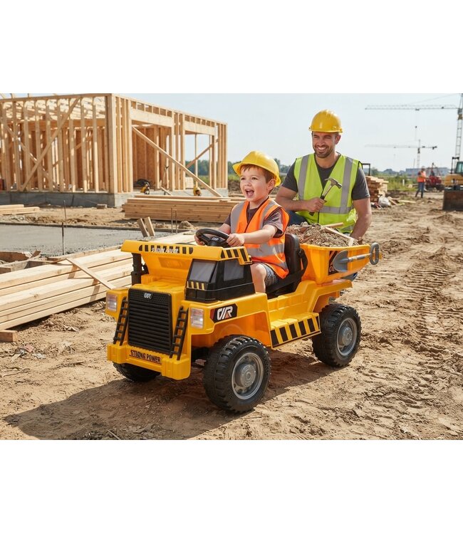 Work vehicle with box, 12 volt electric children's car, 4 engines, rubber tires and artificial leather seat!