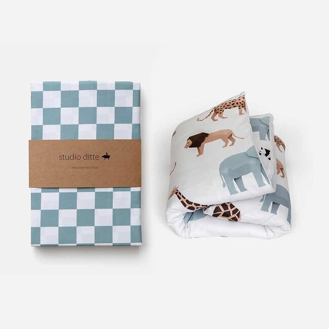 Hoeslaken blokjes steenblauw