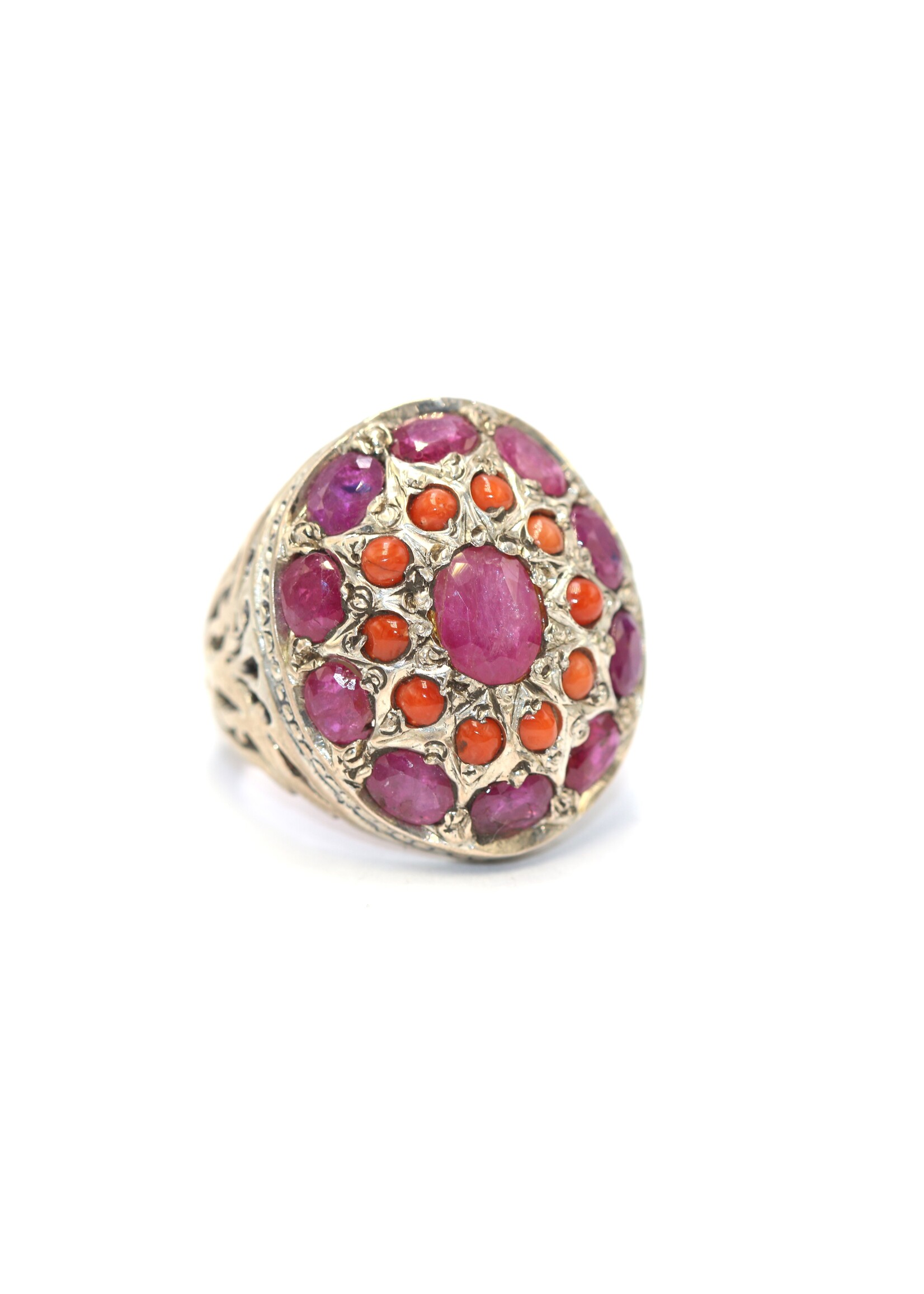 925 silver ring set with natural coral and rubies