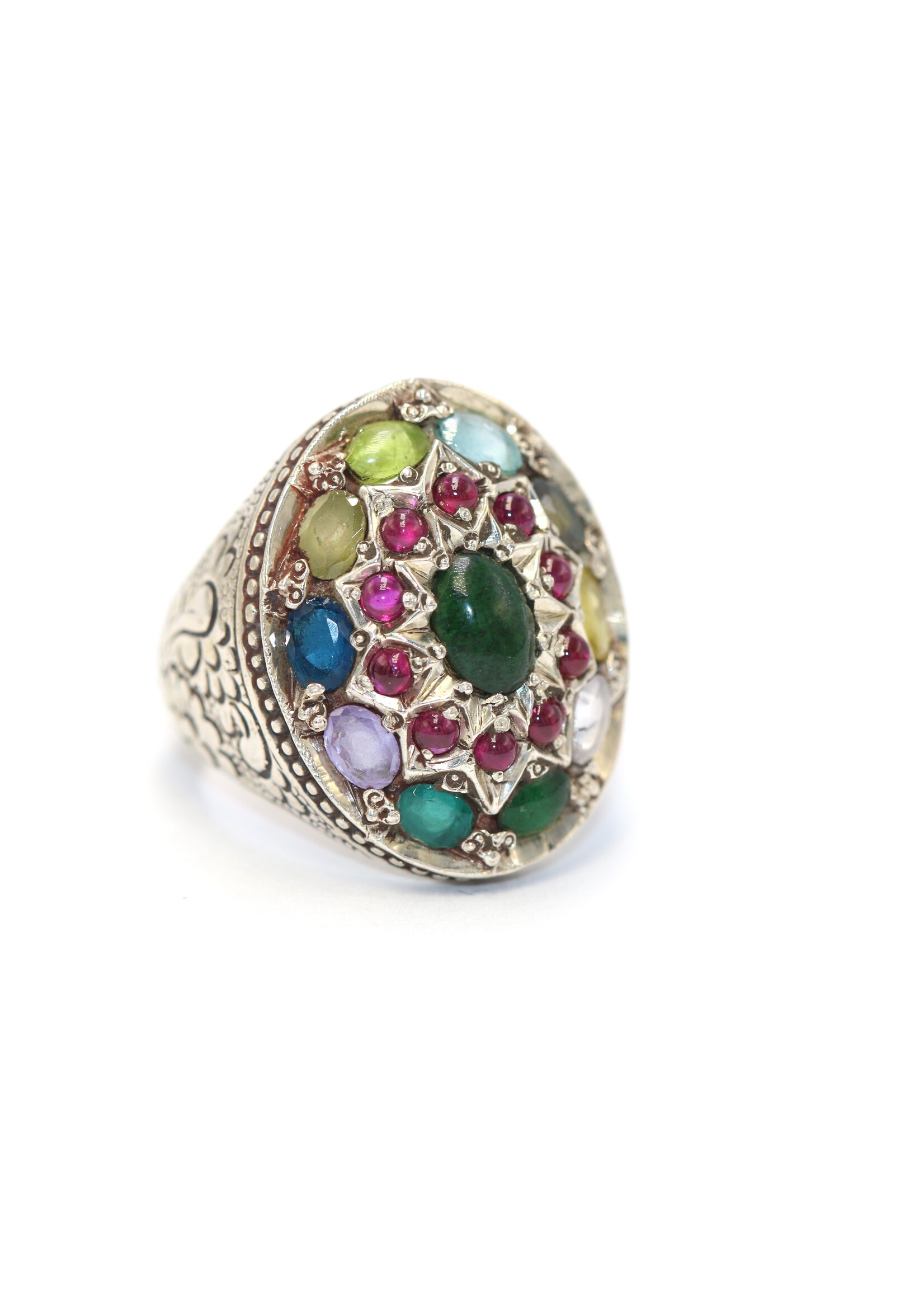 Anello in argento 925 con smeraldo naturale, zaffiro, tormalina, acquamarina, ametista, peridoto e rodoliti