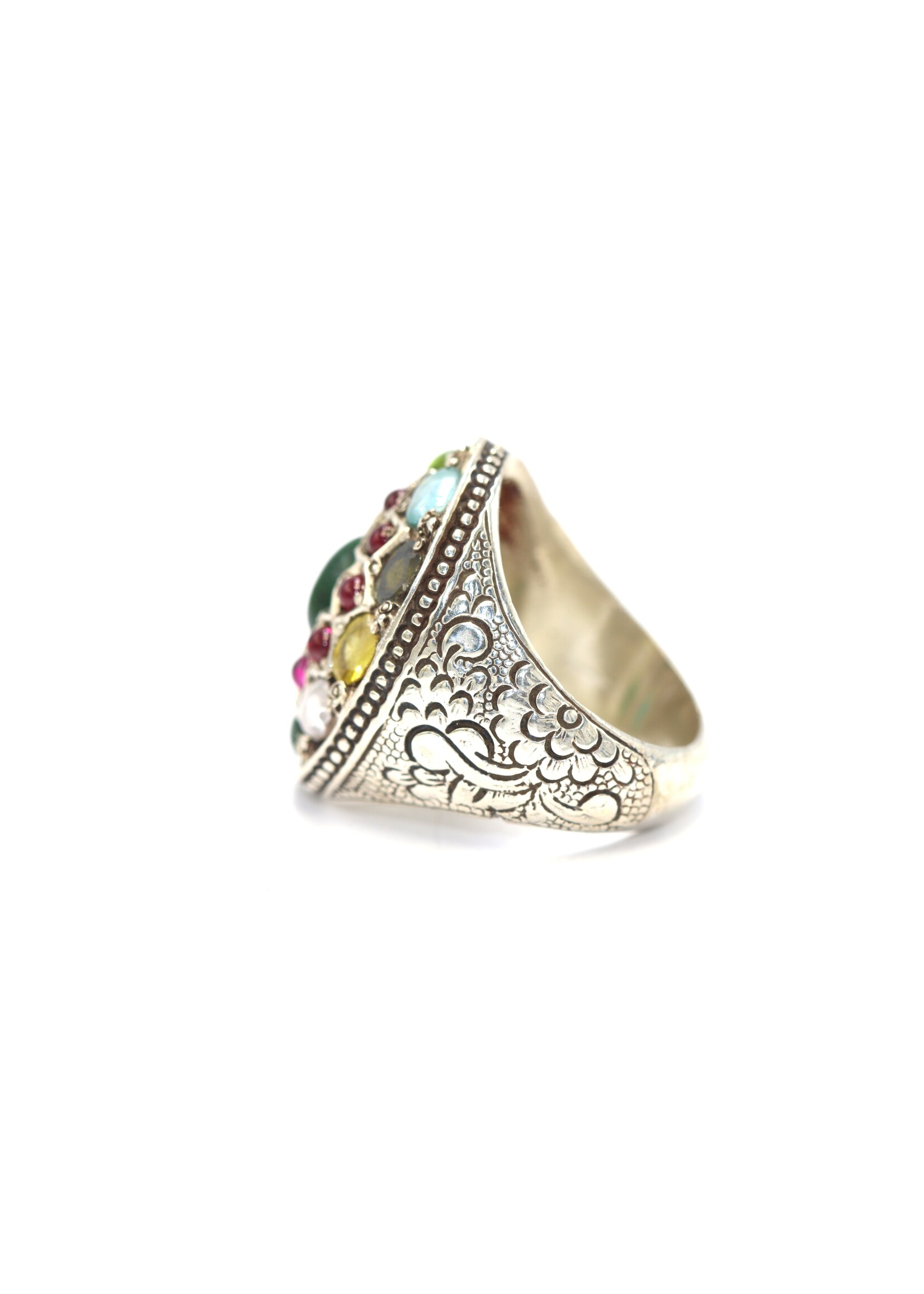 Bague en argent 925 sertie d'émeraude naturelle, saphir, tourmaline, aigue-marine, améthyste, péridot et rhodolites