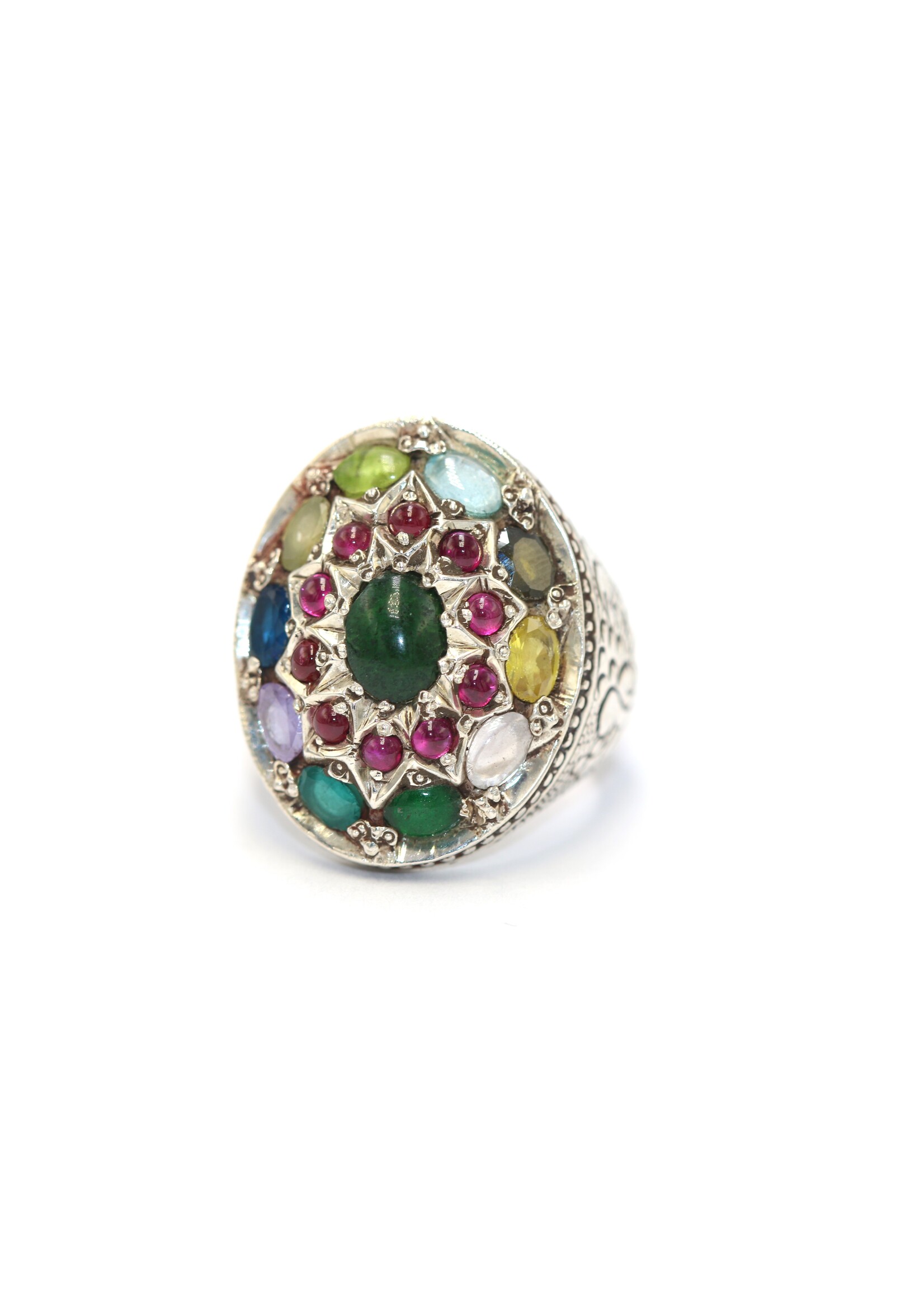 925 zilver ring bezet met natuurlijke smaragd,saffier,toermalijn,aquamarijn,amethist,peridot en rhodolieten