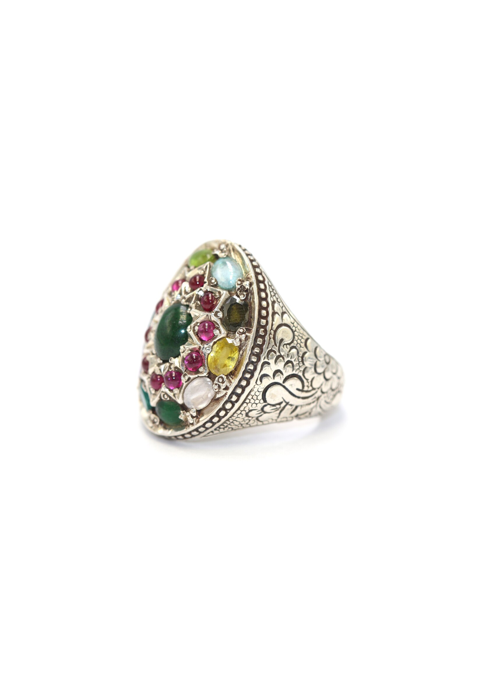 Bague en argent 925 sertie d'émeraude naturelle, saphir, tourmaline, aigue-marine, améthyste, péridot et rhodolites