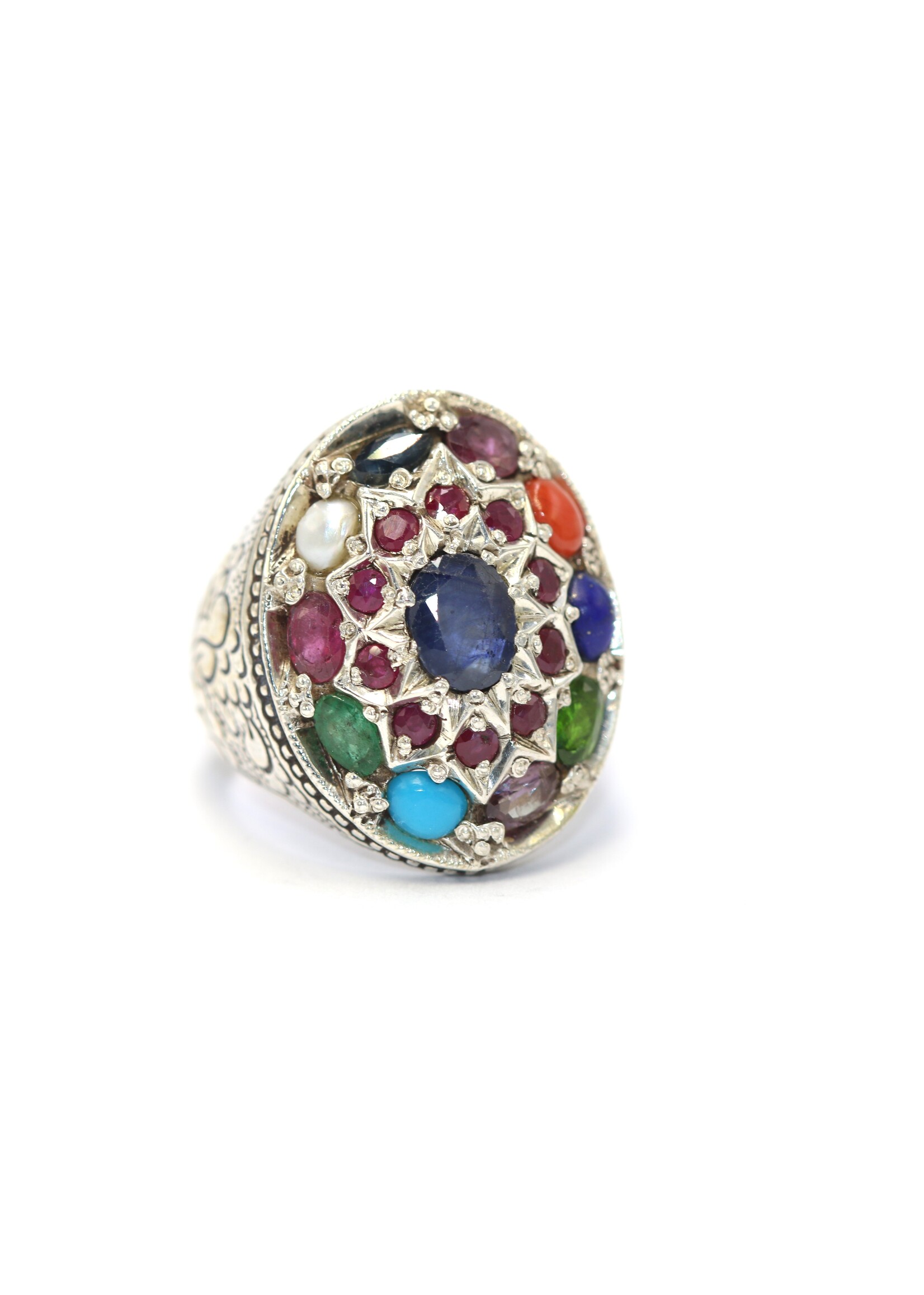 Bague en argent 925 sertie de saphir naturel, corail, grenat, perle, lapis, topaze, tourmaline, turquoise, améthyste et rubis