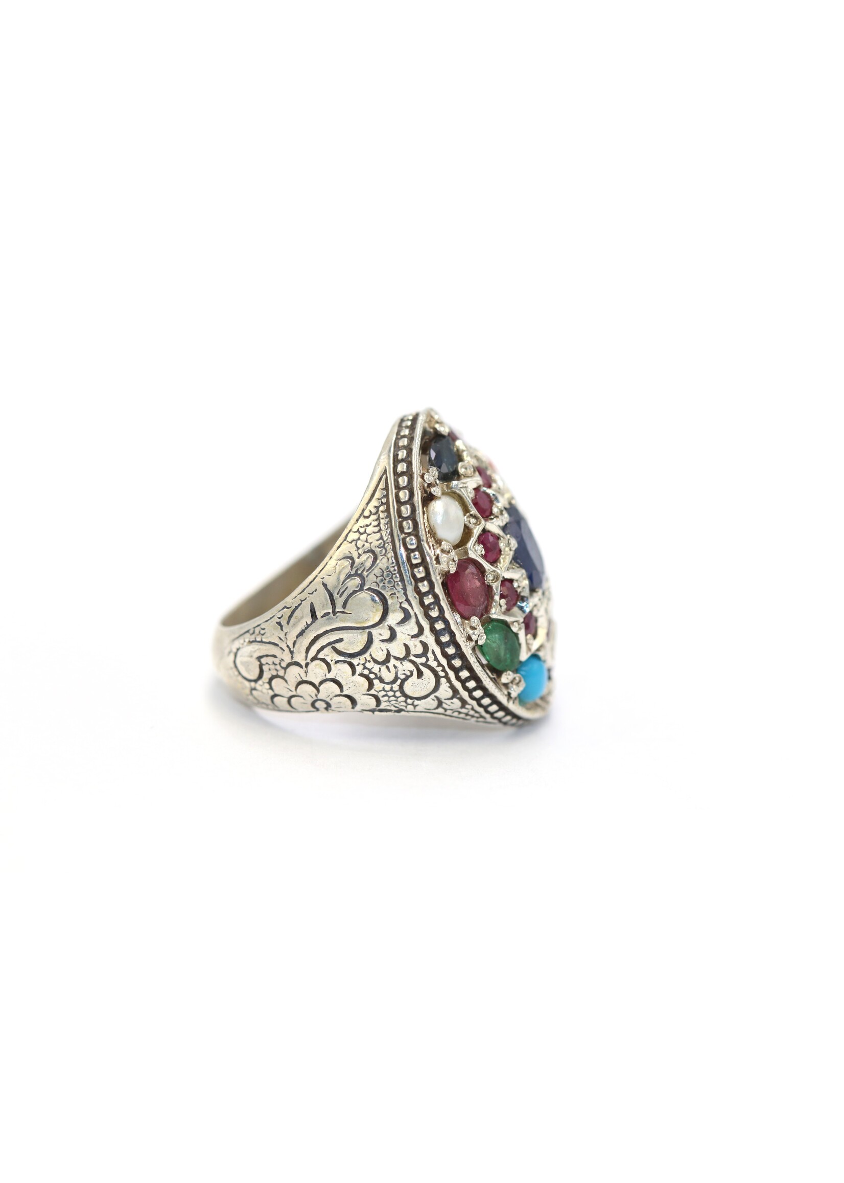 Anello in argento 925 con zaffiro naturale, corallo, granato, perla, lapislazzuli, topazio, tormalina, turchese, ametista e rubini