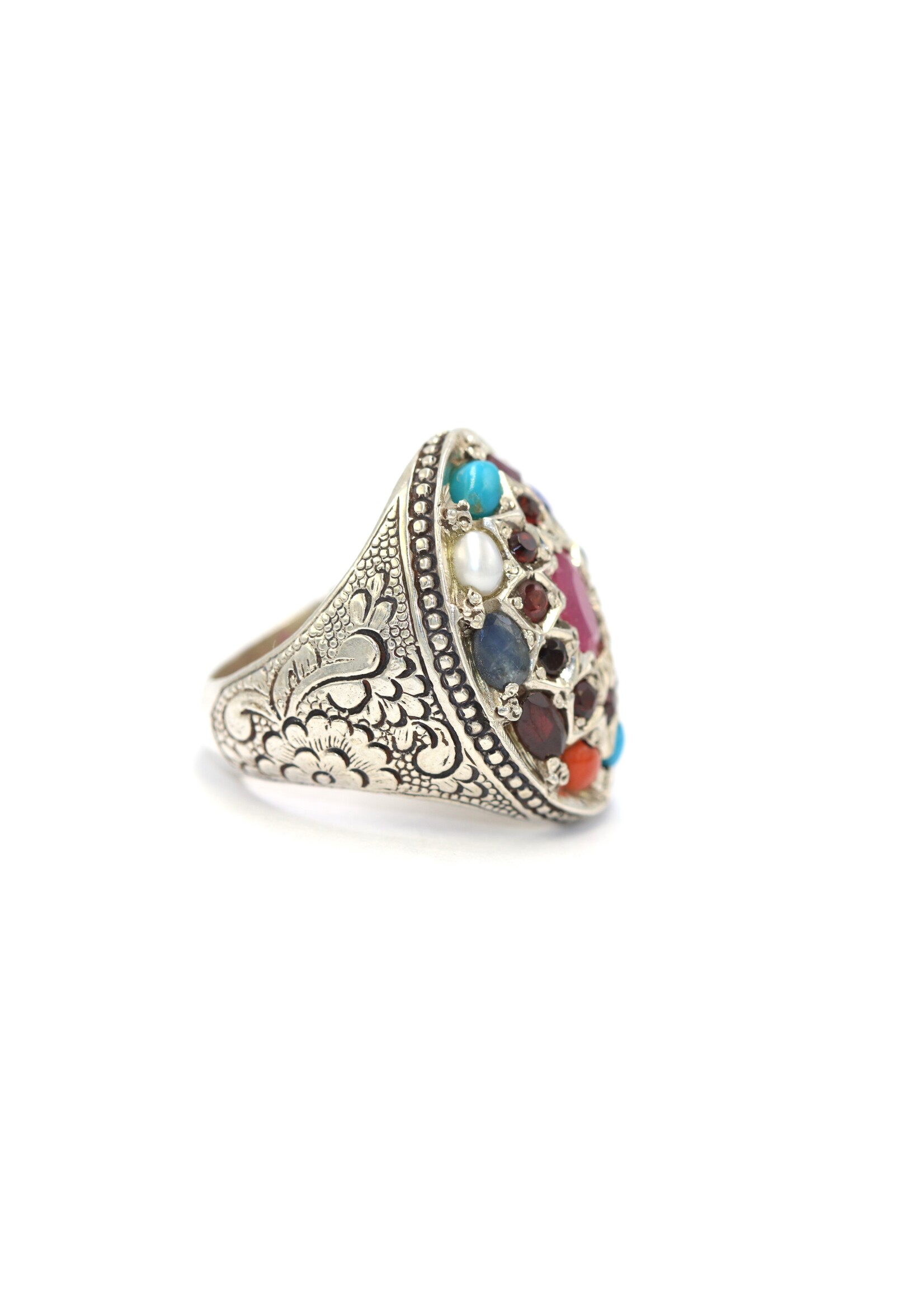 925 silver ring set with natural ruby, coral, garnet, pearl, lapis, topaz, tourmaline, turquoise, amethyst and sapphires