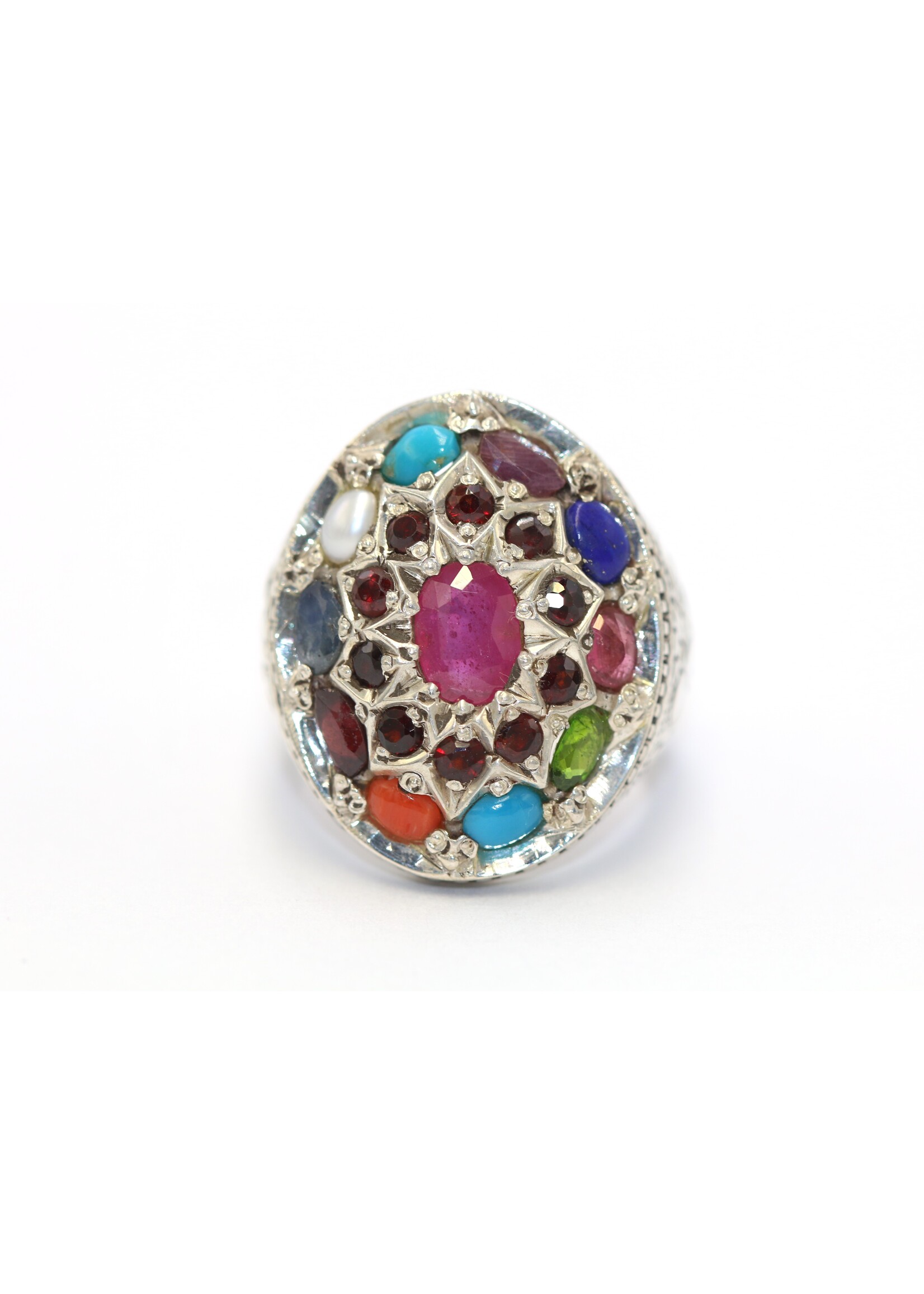 Bague en argent 925 sertie de rubis naturels, corail, grenat, perle, lapis, topaze, tourmaline, turquoise, améthyste et saphirs