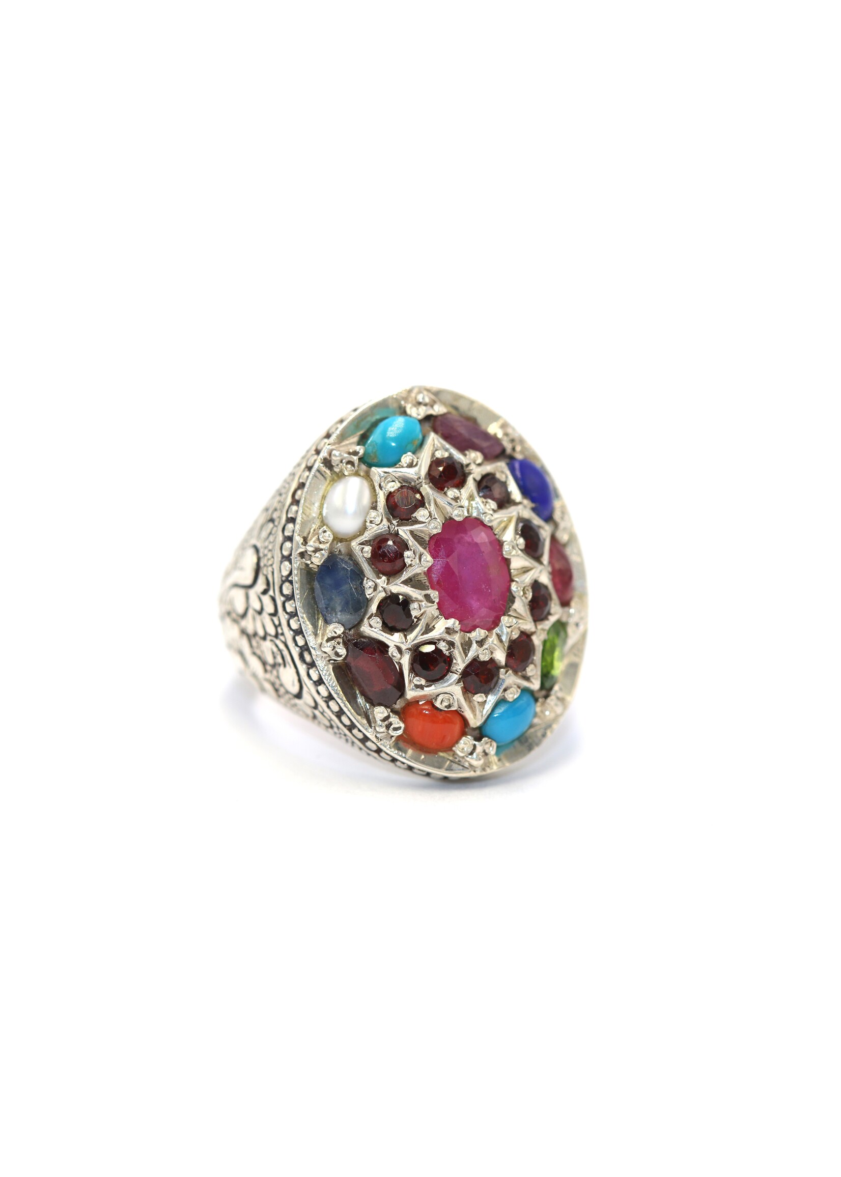 925 silver ring set with natural ruby, coral, garnet, pearl, lapis, topaz, tourmaline, turquoise, amethyst and sapphires