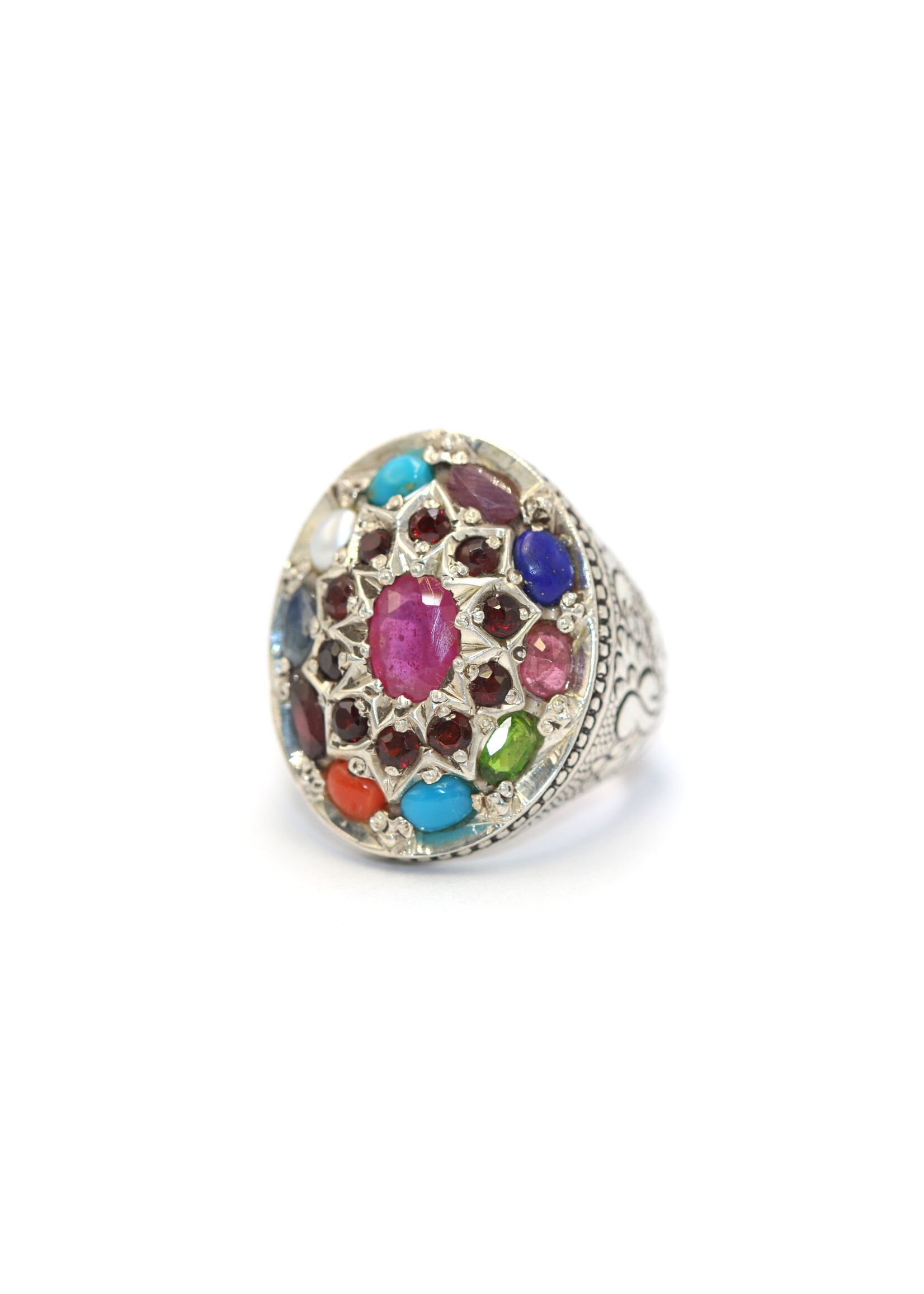 Bague en argent 925 sertie de rubis naturels, corail, grenat, perle, lapis, topaze, tourmaline, turquoise, améthyste et saphirs