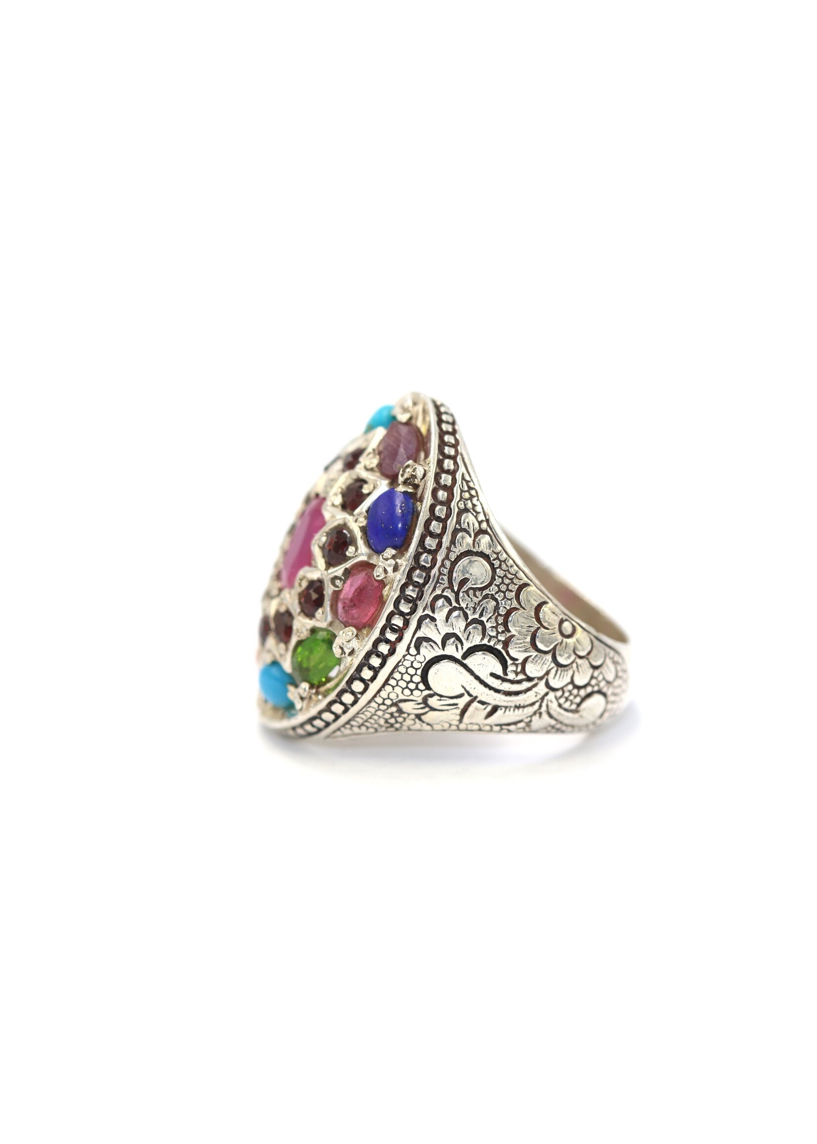 Bague en argent 925 sertie de rubis naturels, corail, grenat, perle, lapis, topaze, tourmaline, turquoise, améthyste et saphirs