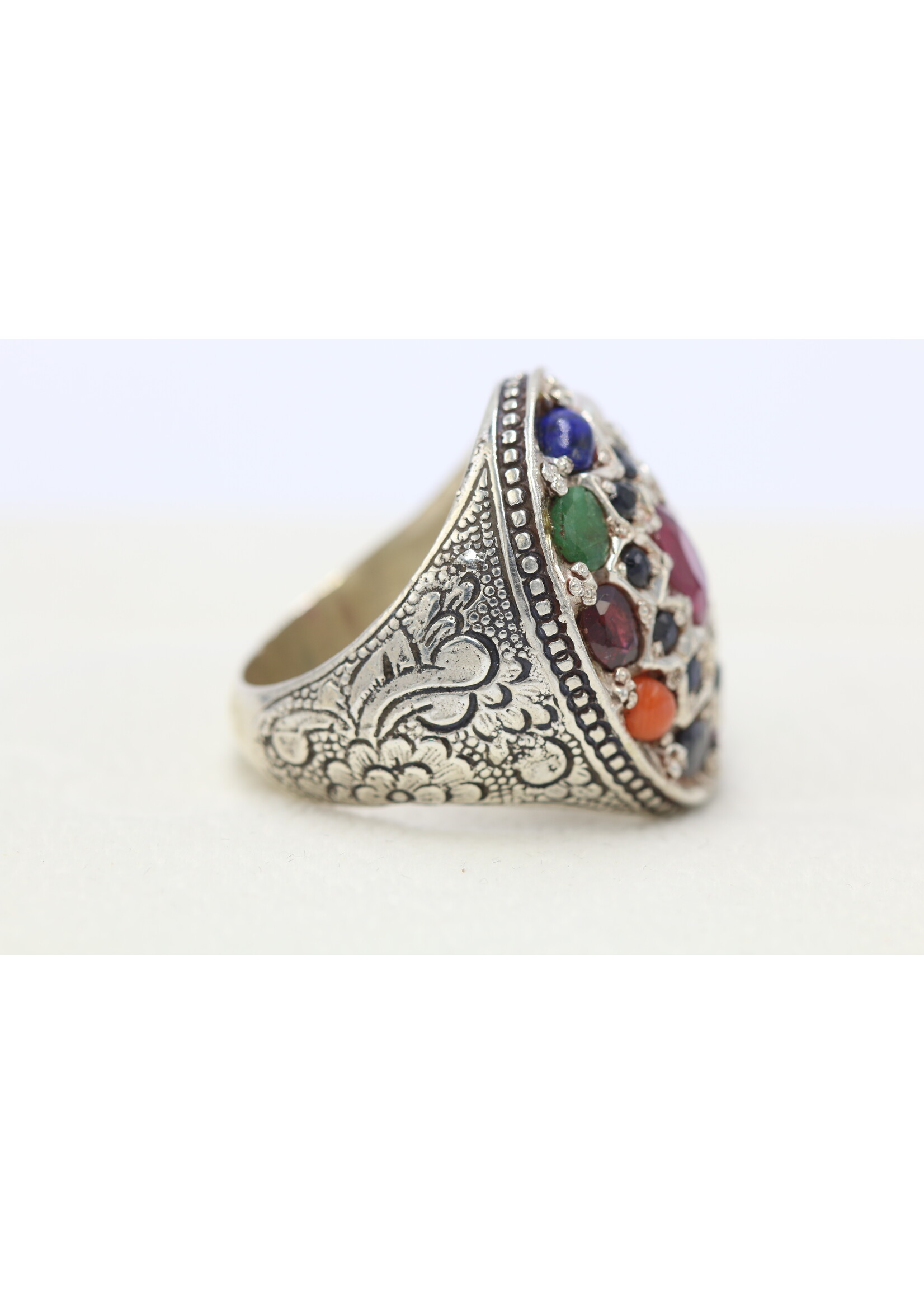 925 silver ring set with natural ruby, coral, garnet, pearl, lapis, topaz, tourmaline, turquoise, amethyst and sapphires.