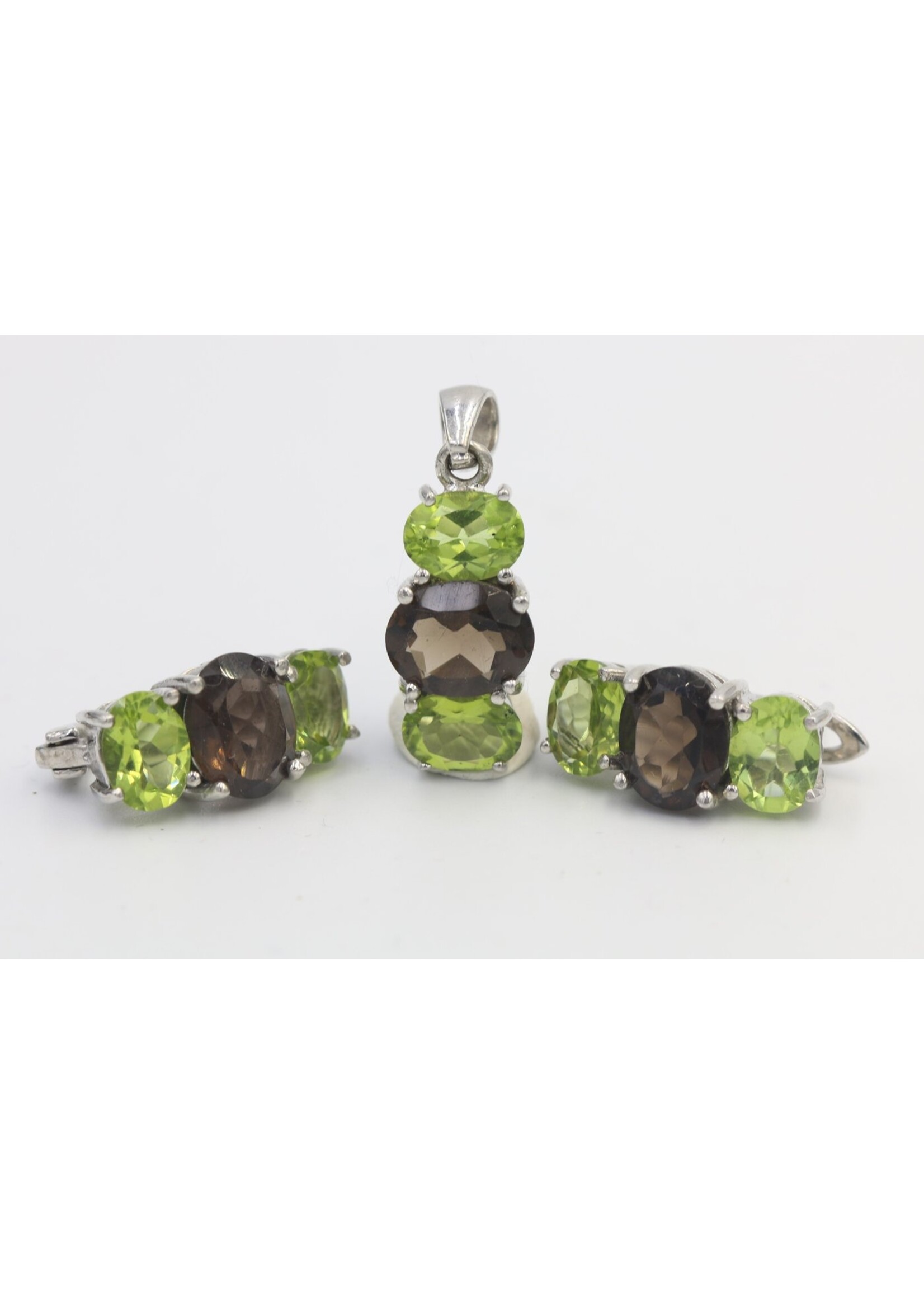 925 rhodium plated silver set with natural Smoky Quartz and Peridots