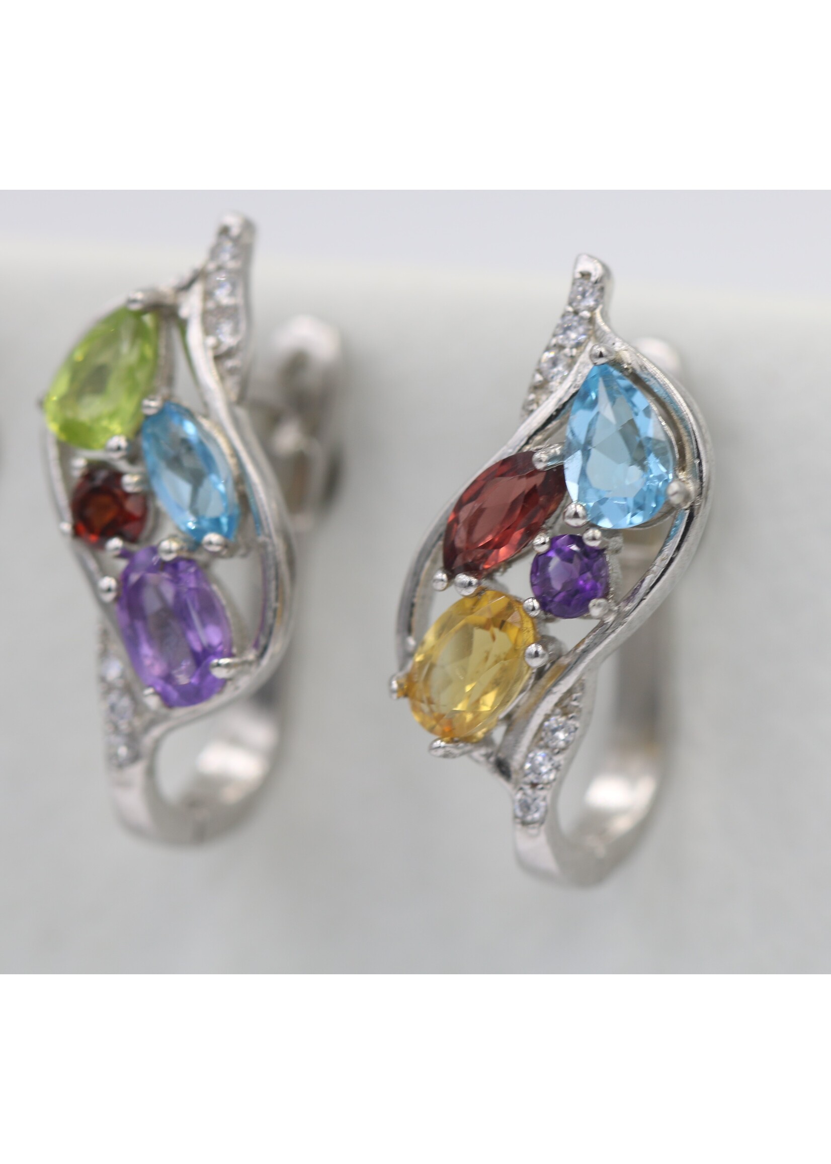 925 rhodium plated silver earrings set with natural Peridot, Blue Topaz, Garnet, Citrine and Amethyst -