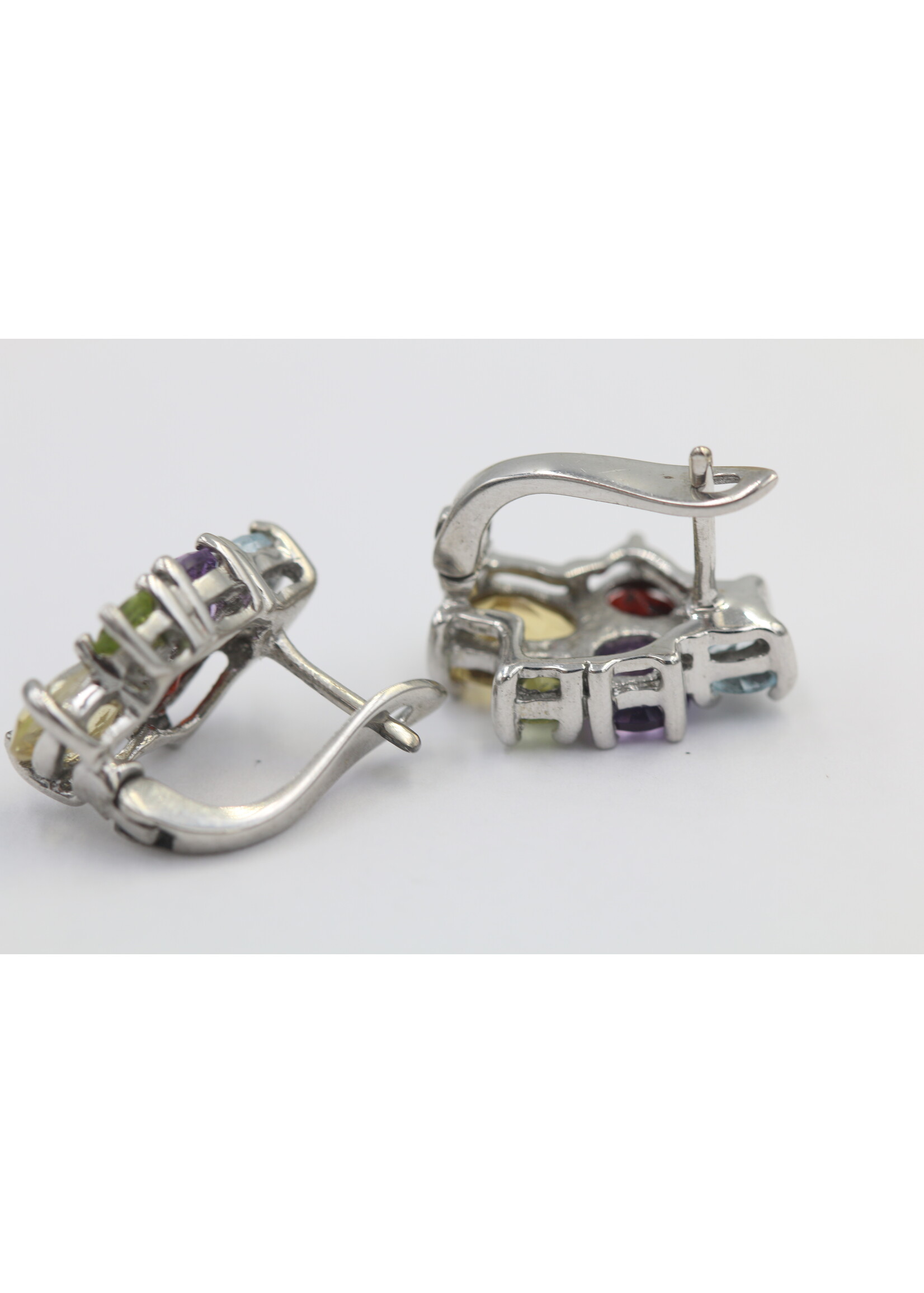 Boucles d'oreilles en argent 925 rhodié serties de Péridot naturel, Topaze Bleue, Grenat, Citrine et Améthyste