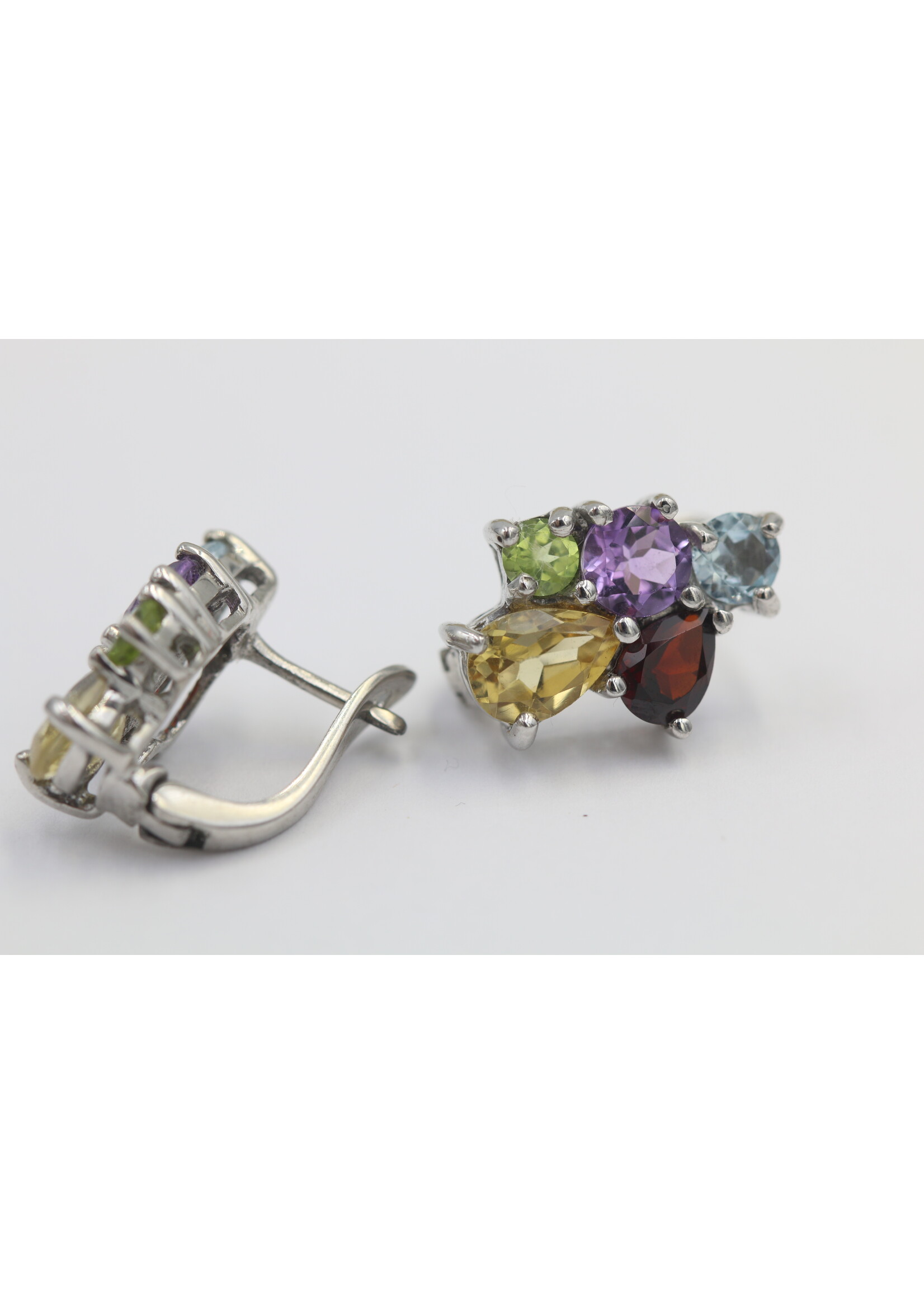 Boucles d'oreilles en argent 925 rhodié serties de Péridot naturel, Topaze Bleue, Grenat, Citrine et Améthyste