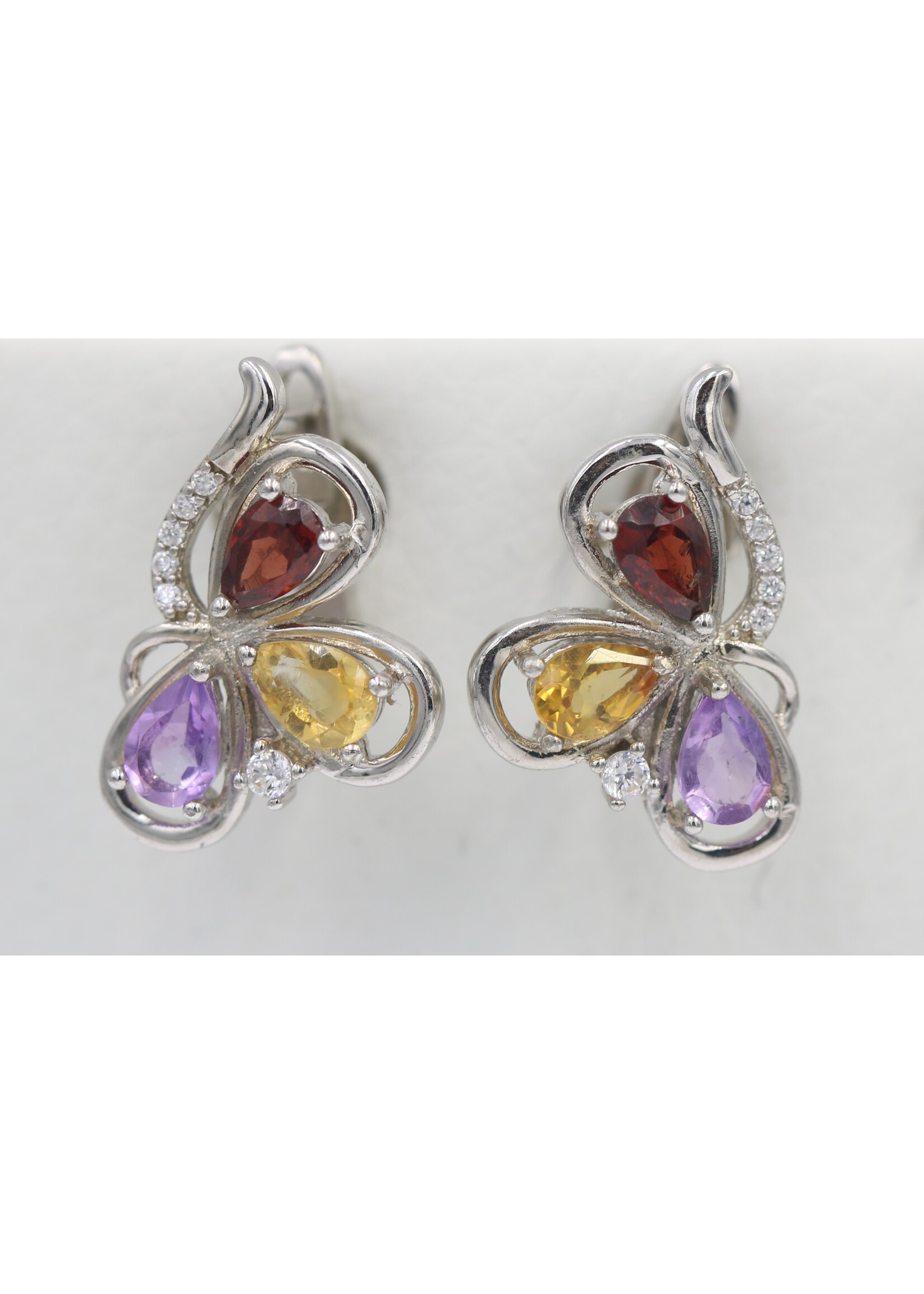 925 rhodium plated silver earrings set with natural Garnet, Citrine and Amethyst