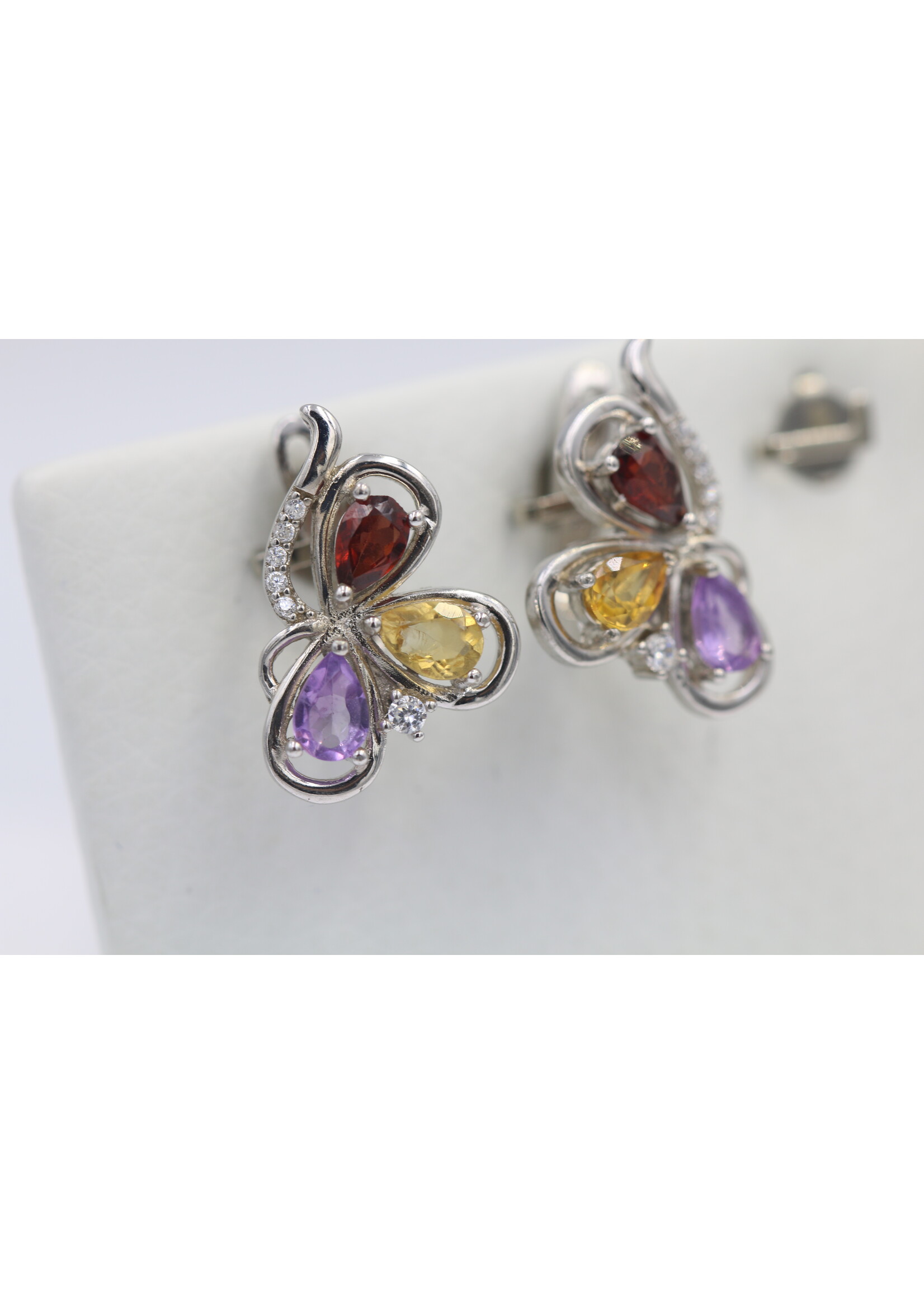 925 rhodium plated silver earrings set with natural Garnet, Citrine and Amethyst