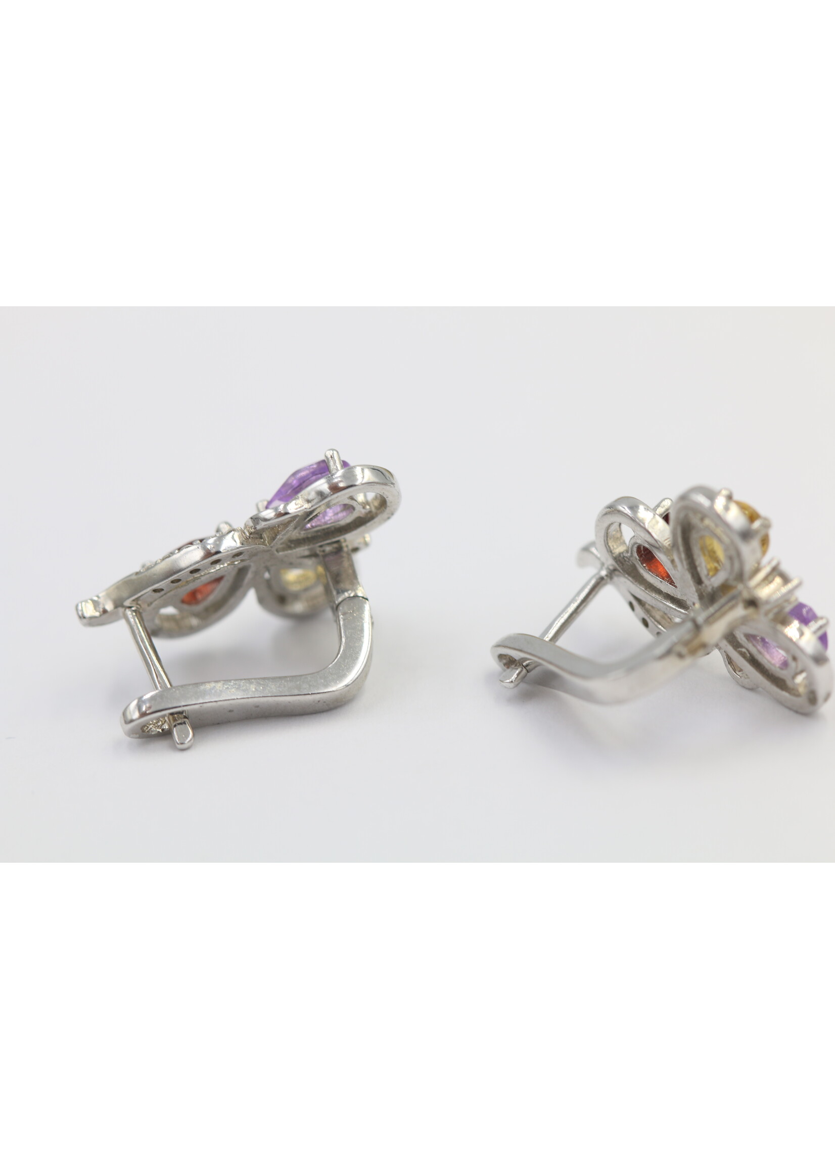 925 rhodium plated silver earrings set with natural Garnet, Citrine and Amethyst