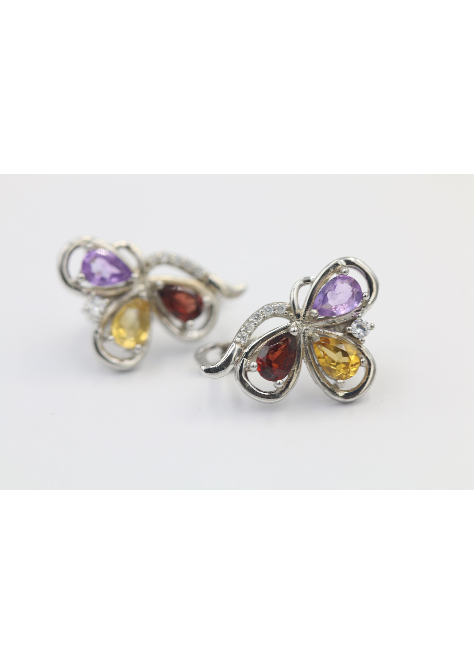 925 rhodium plated silver earrings set with natural Garnet, Citrine and Amethyst