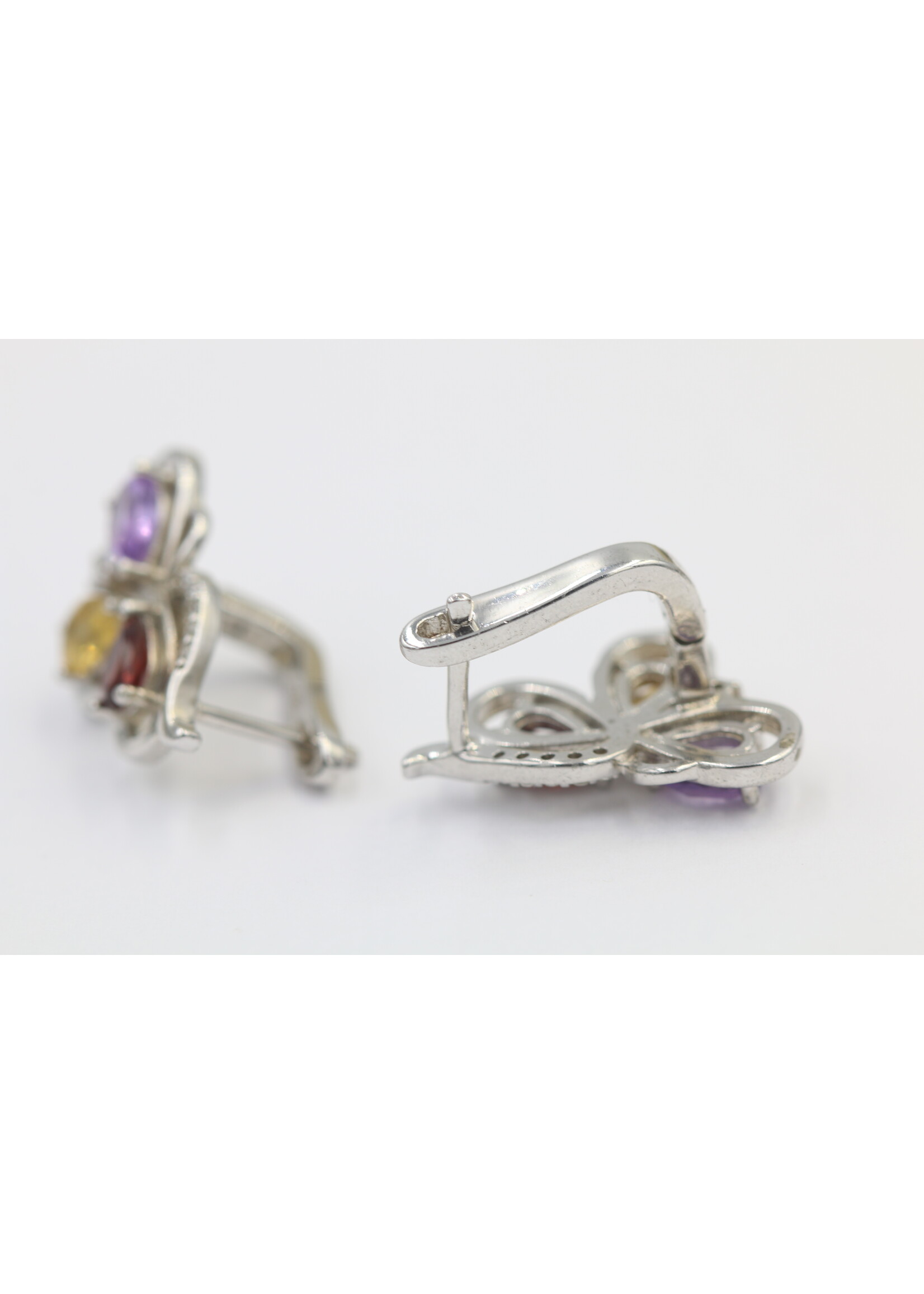 925 rhodium plated silver earrings set with natural Garnet, Citrine and Amethyst