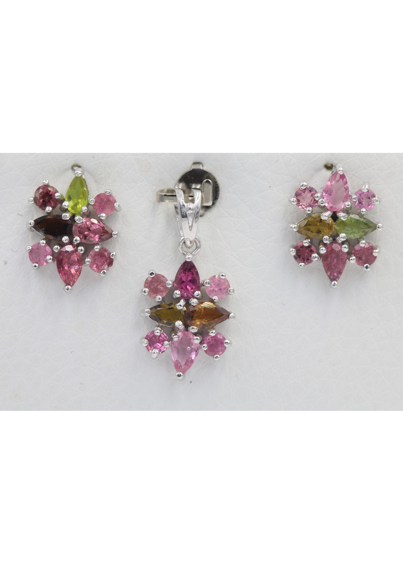 925 Rhodium Plated Silver Set Set with Natural Multi-Color Tourmalines